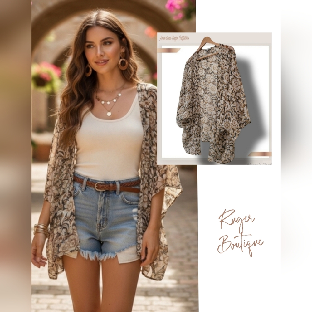 🌿American Eagle Outfitters Women's Medium Tan Floral Sheer Cardi-Nice!